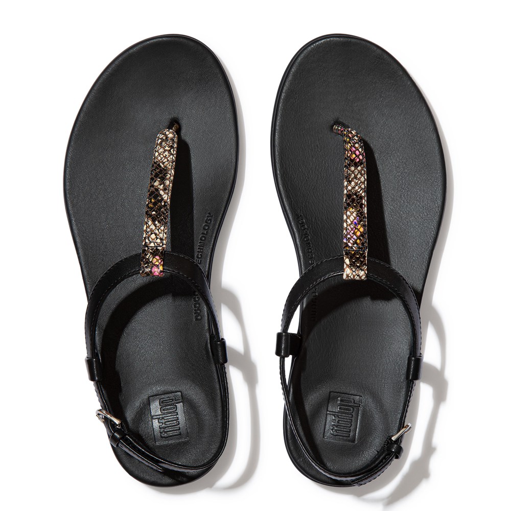 Fitflop Womens Sandals Black - Tia Snake Print Leather Back-strap - 34KOFGWDT